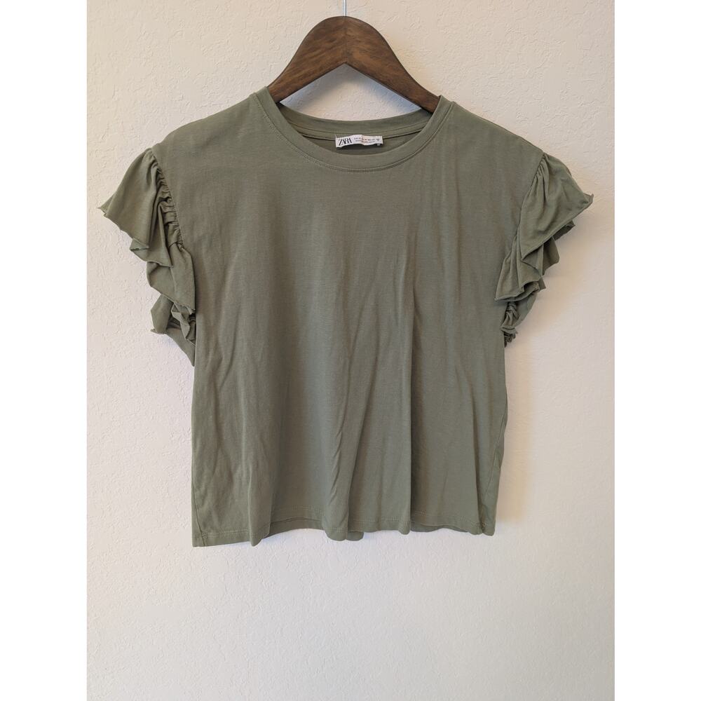 Chic Zara Sage Green Ruffle Cap Sleeve Cotton Tee Top M
